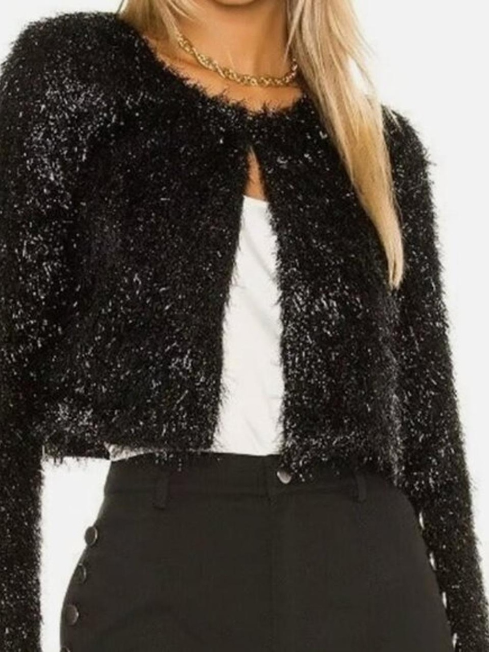 BCBGeneration Black Tinsel Bolero Crop Jacket with Long Sleeves